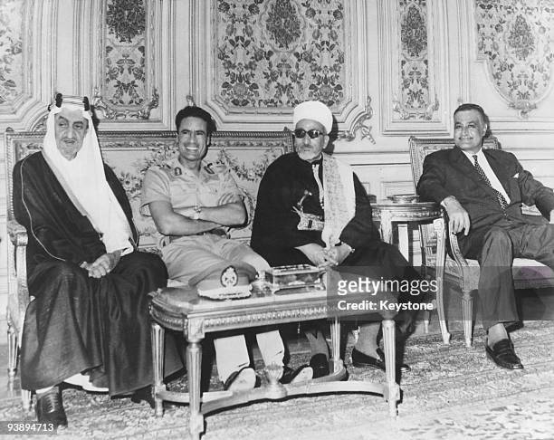 Middle-Eastern leaders in Cairo for talks on the situation in Jordan, September 1970. Left to right: King Faisal of Saudi Arabia , President Muammar...