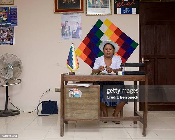 Tania Quiroz Patino the Secretary General of the farmer's federation of Chimore, Bolivia, chewing coca in her office in front of the indigenous flag....