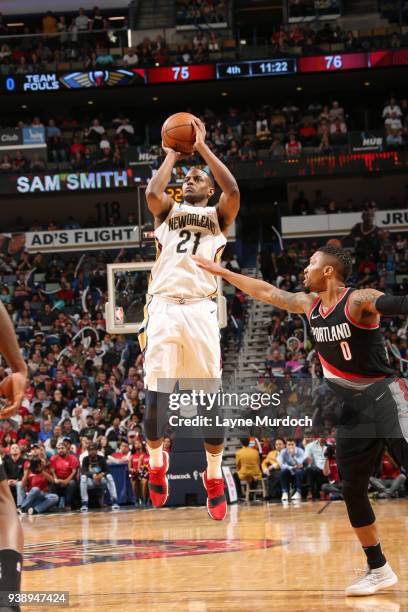 Darius Miller of the New Orleans Pelicans shoots the ball during the game against the Portland Trail Blazers on March 27, 2018 at the Smoothie King...