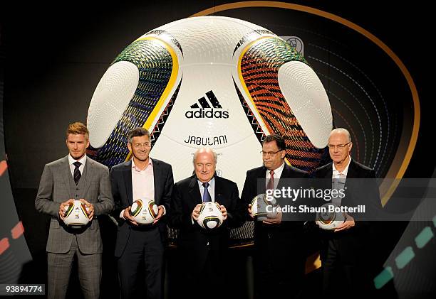 David Beckham, Adidas CEO Herbet Hainer, FIFA President Sepp Blatter, CEO of South Africa 2010 Danny Jordaan and Franz Beckenbauer present the...