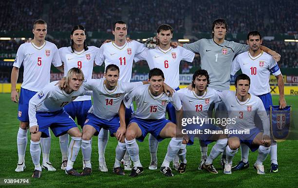 Serbia line up during the FIFA 2010 World Cup Qualifying Group 7 match between Austria and Serbia at the Ernst Happel Stadium on October 15, 2008 in...