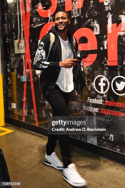 Maurice Harkless of the Portland Trail Blazers arrives at the stadium before the game against the LA Clippers on March 18, 2018 at STAPLES Center in...