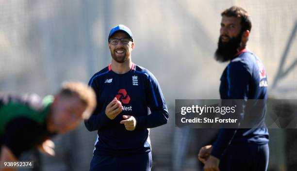 England spinners Moeen Ali and Jack Leach look on during England nets ahead of the second test match against the New Zealand Black Caps at Hagley...