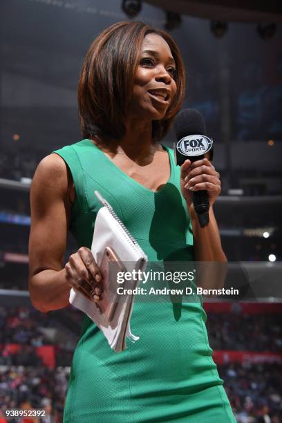 Fox Sports Reporter Kristina Pink reports before the Portland Trail Blazers v LA Clippers game on March 18, 2018 at STAPLES Center in Los Angeles,...