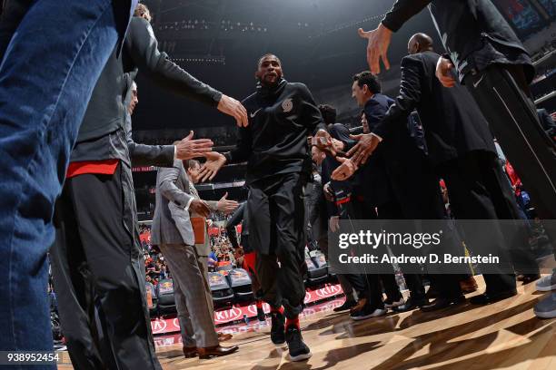 Maurice Harkless of the Portland Trail Blazers is introduced before the game against the LA Clippers on March 18, 2018 at STAPLES Center in Los...