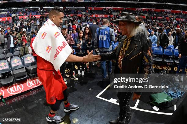 McCollum of the Portland Trail Blazers shakes hands with James Goldstein after the game against the LA Clippers on March 18, 2018 at STAPLES Center...