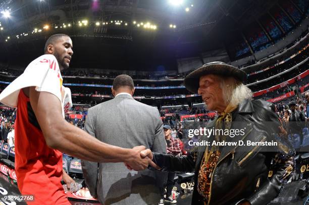 Maurice Harkless of the Portland Trail Blazers shakes hands with James Goldstein after the game against the LA Clippers on March 18, 2018 at STAPLES...