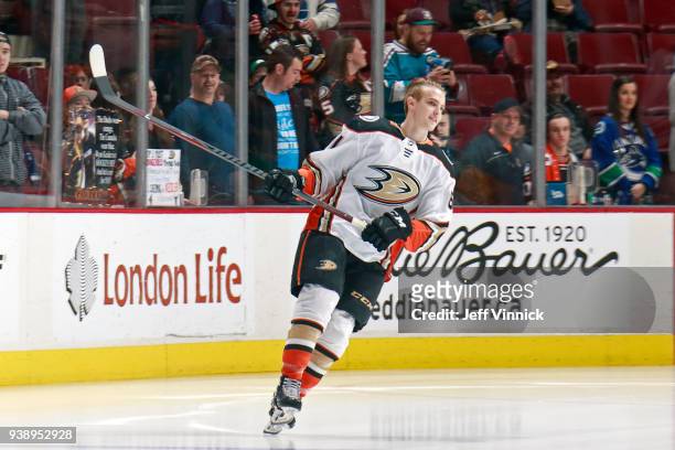 Troy Terry of the Anaheim Ducks skates during warmup before his first NHL game against the Vancouver Canucks at Rogers Arena March 27, 2018 in...