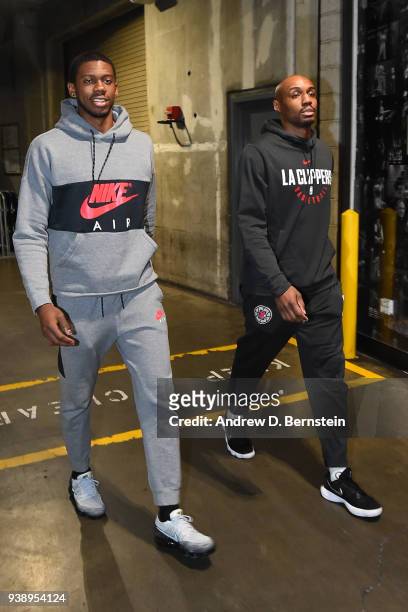 Tyrone Wallace and C.J. Williams of the LA Clippers enter the arena before the game against the Milwaukee Bucks on March 27, 2018 at STAPLES Center...