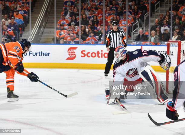 Ryan Nugent-Hopkins of the Edmonton Oilers scores a goal on Sergei Bobrovsky of the Columbus Blue Jackets on March 27, 2018 at Rogers Place in...