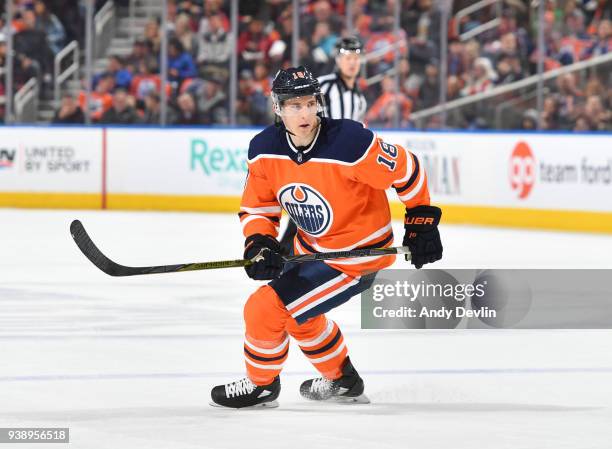 Ryan Strome of the Edmonton Oilers skates during the game against the Columbus Blue Jackets on March 27, 2018 at Rogers Place in Edmonton, Alberta,...