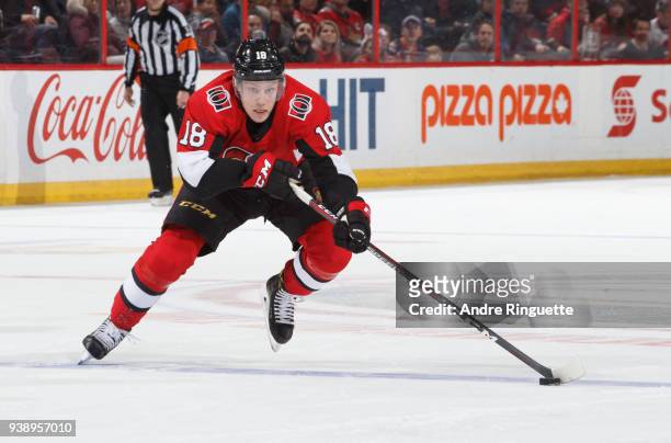 Ryan Dzingel of the Ottawa Senators stickhandles the puck against the New York Islanders at Canadian Tire Centre on March 27, 2018 in Ottawa,...