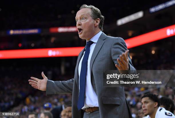 Head coach Mike Budenholzer of the Atlanta Hawks reacts to the officiating by the referees against the Golden State Warriors during an NBA basketball...