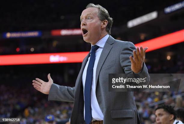 Head coach Mike Budenholzer of the Atlanta Hawks reacts to the officiating by the referees against the Golden State Warriors during an NBA basketball...