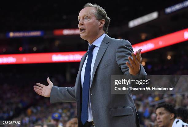 Head coach Mike Budenholzer of the Atlanta Hawks reacts to the officiating by the referees against the Golden State Warriors during an NBA basketball...