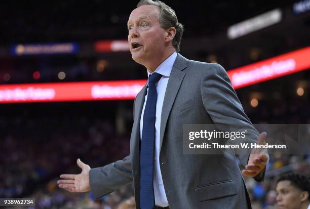 Head coach Mike Budenholzer of the Atlanta Hawks reacts to the officiating by the referees against the Golden State Warriors during an NBA basketball...