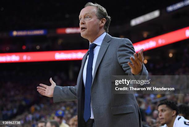 Head coach Mike Budenholzer of the Atlanta Hawks reacts to the officiating by the referees against the Golden State Warriors during an NBA basketball...