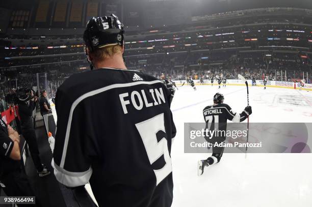 Christian Folin and Torrey Mitchell of the Los Angeles Kings are seen before a game against the Calgary Flames at STAPLES Center on March 26, 2018 in...