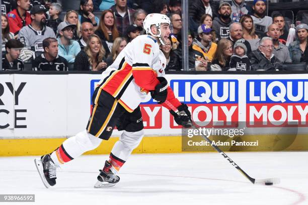 Mark Giordano of the Calgary Flames handles the puck during a game against the Los Angeles Kings at STAPLES Center on March 26, 2018 in Los Angeles,...