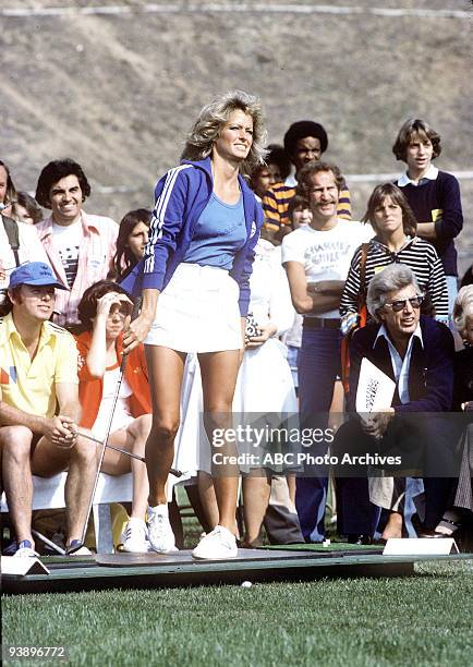 Walt Disney Television via Getty Images team member Farrah Fawcett on the golf course for "Battle of the Network Stars I" at Pepperdine University.,