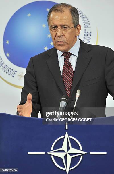 Russian Foreign Minister Sergei Lavrov gives a press conference at the end of the meeting of foreign ministers of the North Atlantic Treaty...