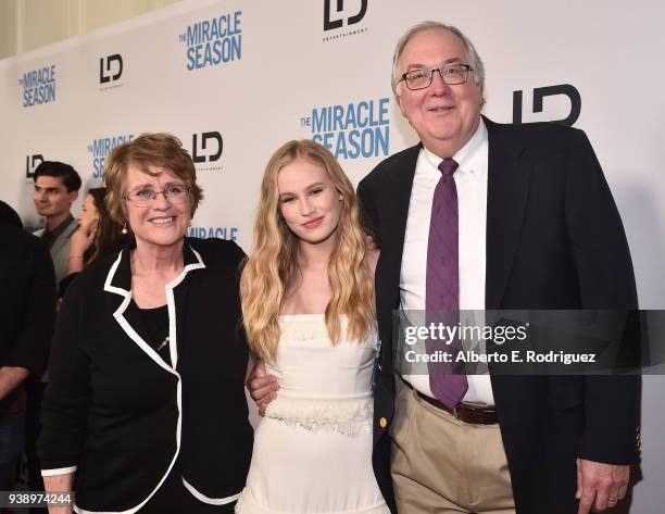 Kathy Bresnahan, Danika Yarosh and Ernie Found attends the Premiere Of Mirror And LD Entertainment's "The Miracle Season" at The London West...