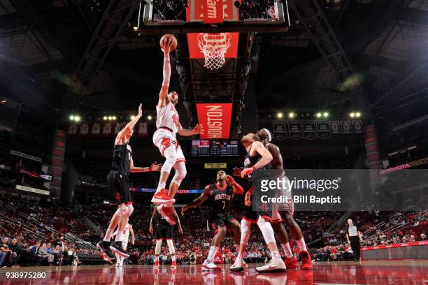 Denzel Valentine of the Chicago Bulls dunks against the Houston Rockets on March 27, 2018 at the Toyota Center in Houston, Texas. NOTE TO USER: User...