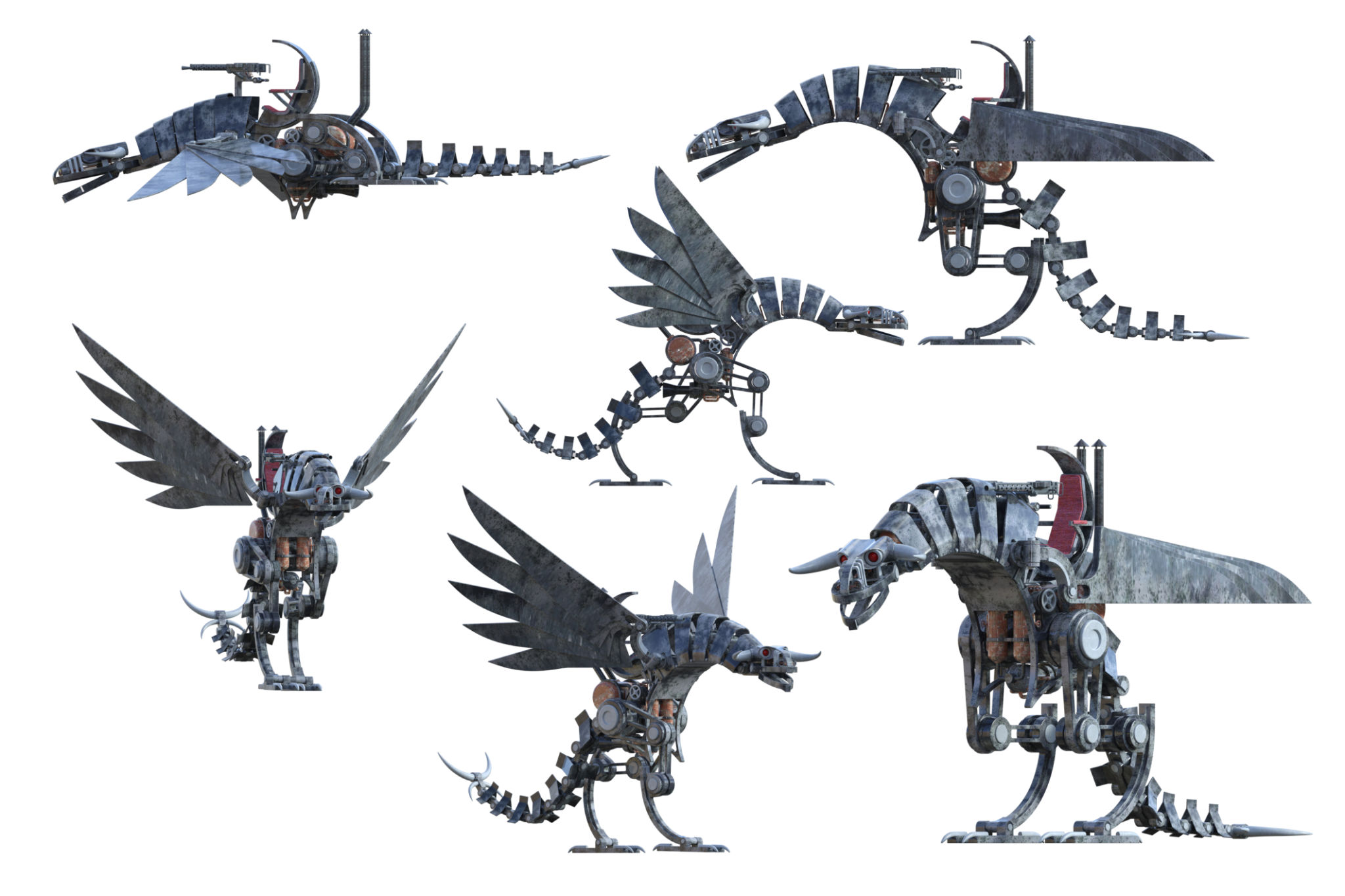 Set of steampunk dragons isolated on white, 3d render Set of steampunk dragons isolated on white, 3d render