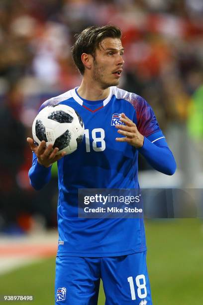 Theodor Elmar Bjarnason of Iceland in action against Peru during a International Friendly at Red Bull Arena on March 27, 2018 in Harrison, New Jersey.