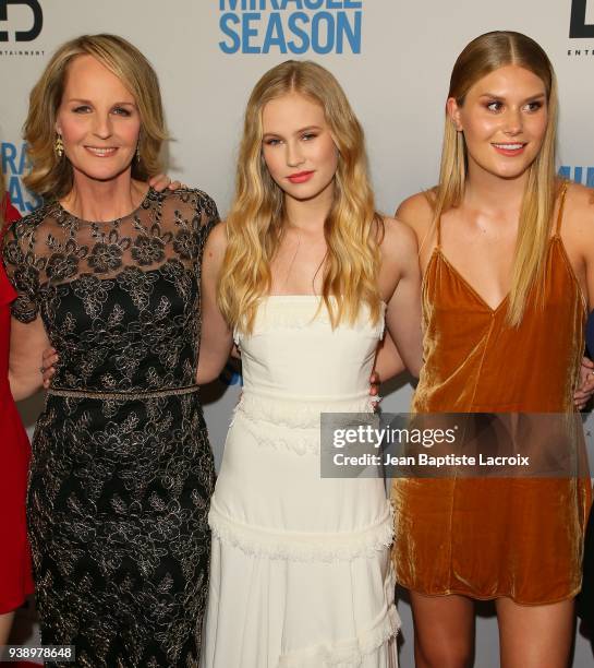 Helen Hunt, Danika Yarosh and Natalie Sharp attend the world premiere of 'The Miracle Season' on March 27, 2018 in West Hollywood, California.