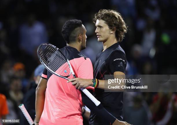 Alexander Zverev of Germany shakes hands at the net after his straight sets victory against Nick Kyrgios of Australia in their fourth round match...