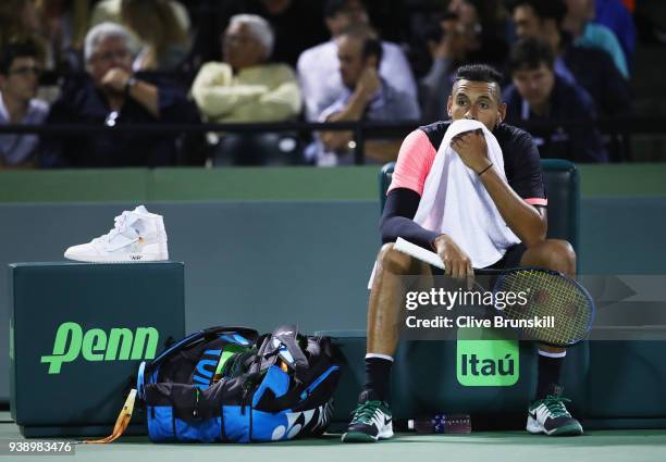 Nick Kyrgios of Australia shows his emotion against Alexander Zverev of Germany in their fourth round match during the Miami Open Presented by Itau...