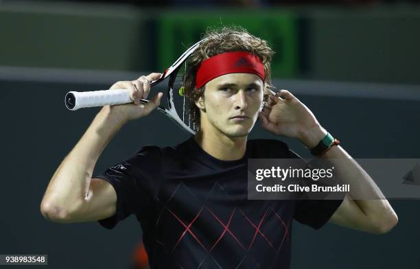 Alexander Zverev of Germany shows his emotion against Nick Kyrgios of Australia in their fourth round match during the Miami Open Presented by Itau...