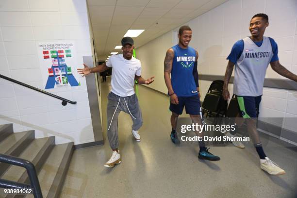 Jimmy Butler, Marcus Georges-Hunt and Jamal Crawford of the Minnesota Timberwolves are seen before the game against the Houston Rockets on March 18,...