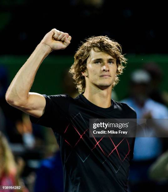 Alexander Zverev of Germany celebrates beating Nick Kyrgios of Australia 6-4 6-4 during Day 9 of the Miami Open Presented by Itau at Crandon Park...