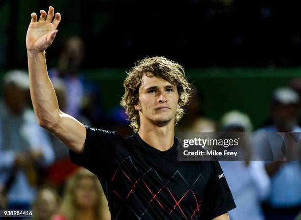 Alexander Zverev of Germany celebrates beating Nick Kyrgios of Australia 6-4 6-4 during Day 9 of the Miami Open Presented by Itau at Crandon Park...