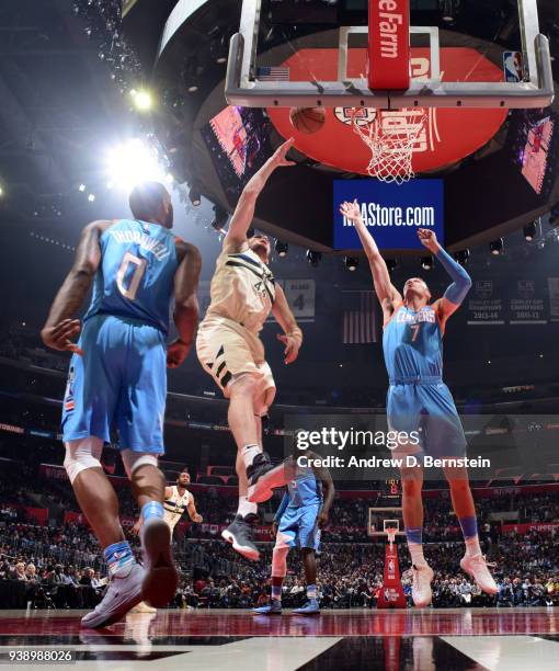 Tyler Zeller of the Milwaukee Bucks shoots the ball against the LA Clippers on March 27, 2018 at STAPLES Center in Los Angeles, California. NOTE TO...