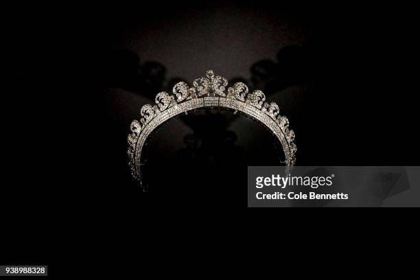 The Halo Tiara lent by Her Magesty Queen Elizabeth II on show at the Cartier: The Exhibition Media Preview at the National Gallery of Australia on...
