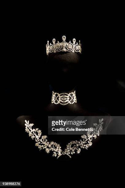 Tiara, choker necklace and Lily Stomacher brooch at the the Cartier: The Exhibition Media Preview at the National Gallery of Australia on March 28,...