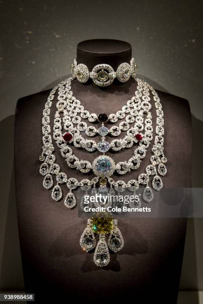 Custom order Cartier necklace and choker on show at the Cartier: The Exhibition Media Preview at the National Gallery of Australia on March 28, 2018...