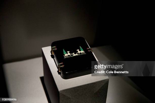 Cartier Greyhound Vanity case on show at the Cartier: The Exhibition Media Preview at the National Gallery of Australia on March 28, 2018 in...
