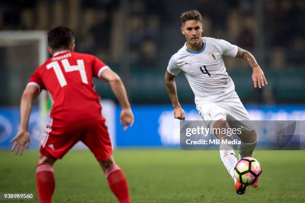 Guillermo Varela of Uruguay national football team dribbles against Wales national football team in their final match during the 2018 Gree China Cup...