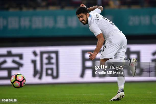 Luis Suarez of Uruguay national football team kicks the ball to make a pass against Wales national football team in their final match during the 2018...