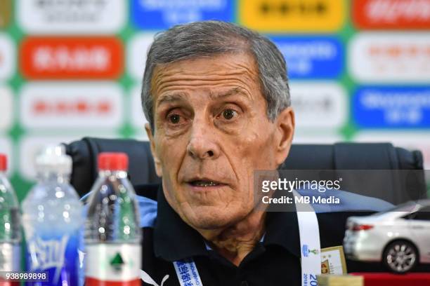 Head coach Oscar Tabarez of Uruguay national football team attends a press conference after the final match against Wales national football team...