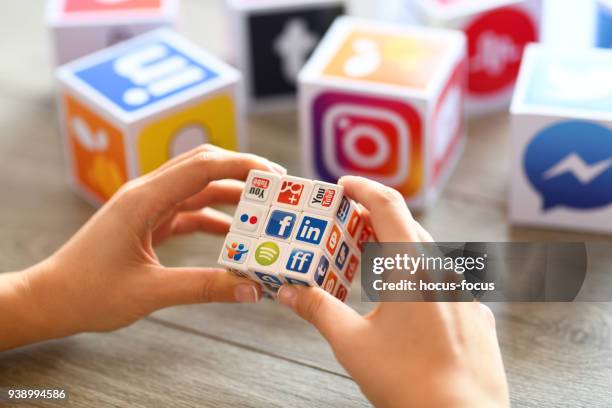 social media puzzle cube - information medium stock pictures, royalty-free photos & images