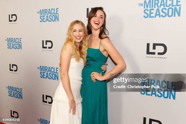 Danika Yarosh and Lillian Doucet-Roche attend the Premiere Of Mirror And LD Entertainment's 'The Miracle Season' at The London West Hollywood on...