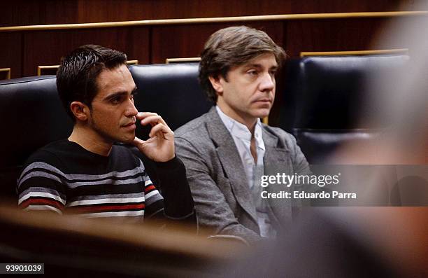Alberto Contador and Baruc Corazon attend a reading of the Spanish Constitution to celebrate it's 31st anniversary on December 4, 2009 in Madrid,...