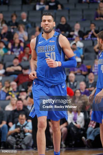 Salah Mejri of the Dallas Mavericks moves up the court during the game against the Sacramento Kings on March 27, 2018 at Golden 1 Center in...