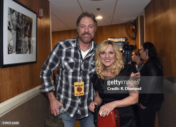 Singer/Songwriters Darryl Worley and Rhonda Vincent backstage during Daryle Singletary Keepin' It Country Tribute Show at Ryman Auditorium on March...