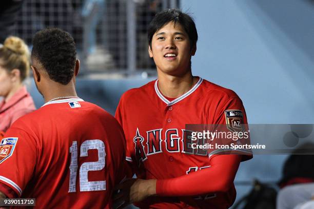 Los Angeles Angels of Anaheim Catcher Martin Maldonado and Los Angeles Angels of Anaheim pitcher/designated hitter Shohei Ohtani look on during an...